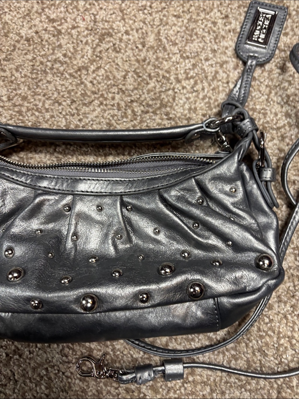 Badgley Mischka Metallic Gunmetal Studded Leather Shoulder Bag - vintage - Picture 7 of 9